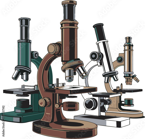 Vintage Microscopes Collection Brown Green Brass Scientific Instruments