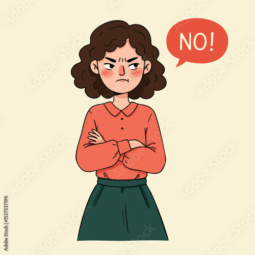 Angry woman with crossed arms saying no in red blouse and green skirt vector illustration 