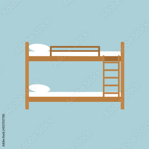 Wooden bunk bed with pillows and ladder in simple flat design on blue background for bedroom furniture illustration 