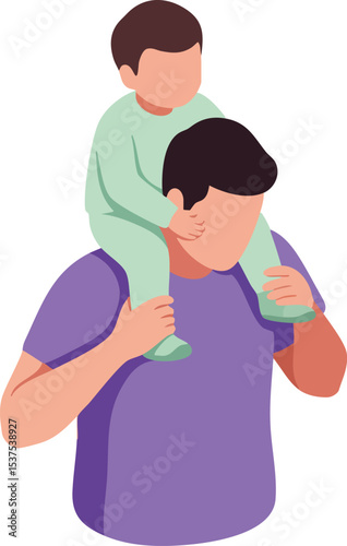 Father carrying son on shoulders in casual clothes family bonding moment vector illustration 