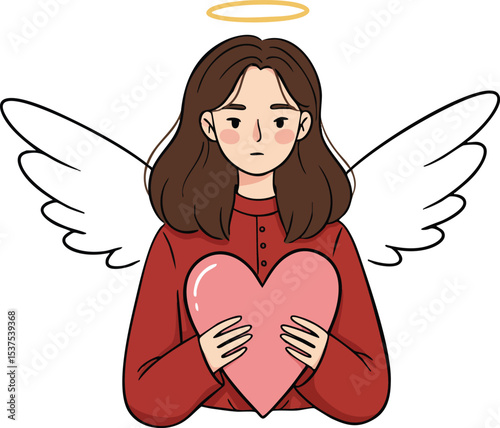 Angelic woman holding pink heart with halo and white wings in red clothing vector illustration 