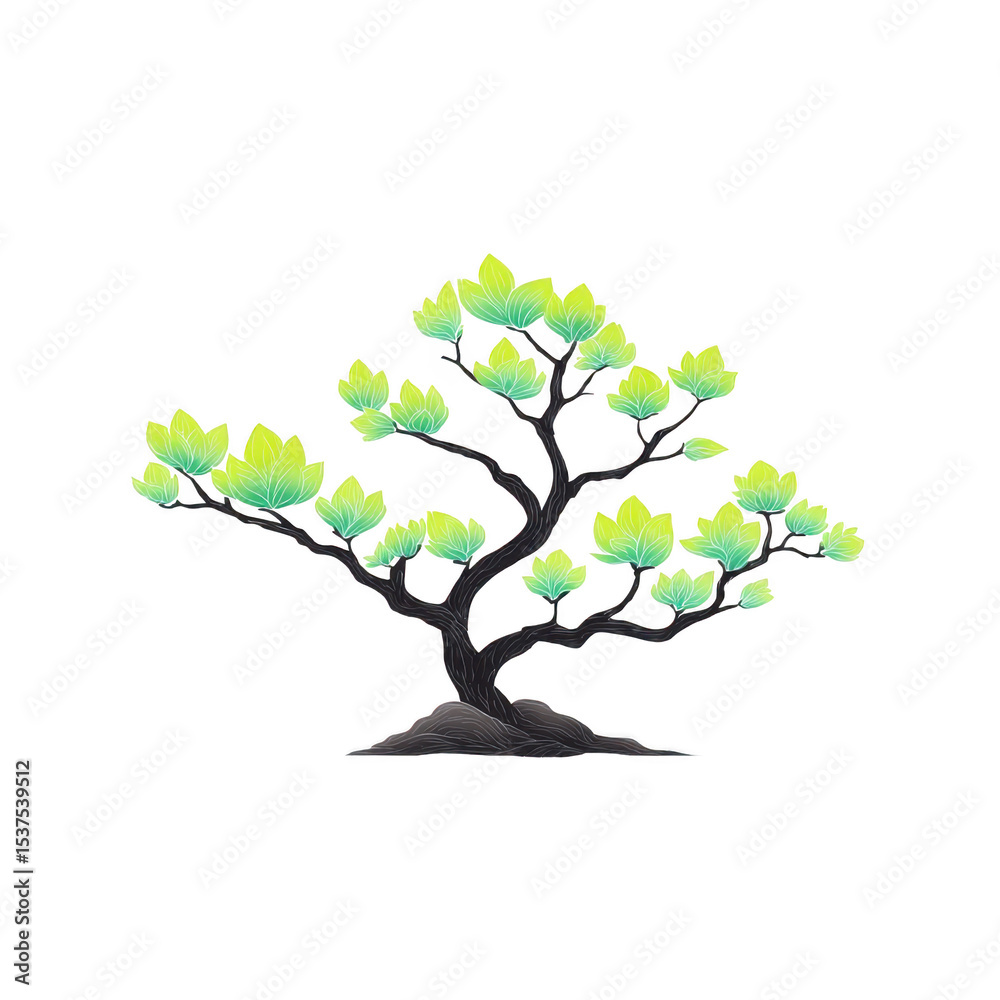 Obraz premium Stylized illustration of bonsai tree with vibrant green leaves and dark, twisted trunk, showcasing serene and artistic representation of nature