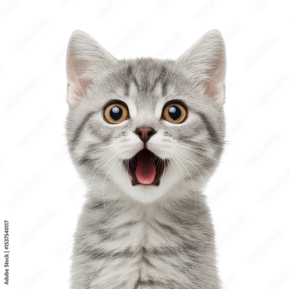 Fototapeta premium Surprised gray tabby kitten with wide eyes and open mouth, displaying playful and curious expression against transparency background