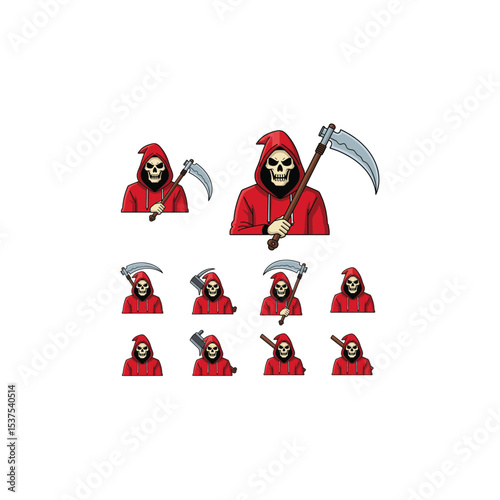 Grim Reaper's Digital Ensemble: A digitally crafted collection of grim reaper icons in a variety of poses. Each is meticulously detailed and stands out vividly against a stark background.
