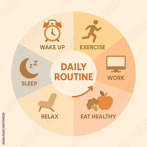 Flat Design Circular Infographic of Daily Routine Activities – Wake Up, Exercise, Work, Eat Healthy, Relax, Sleep – Modern Minimalist Vector in Warm Pastel Colors