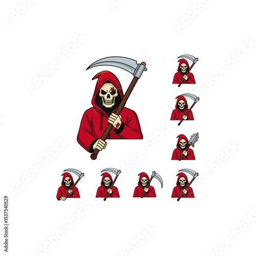 Grim Reaper Collection: A chilling collection of the Grim Reaper in various poses, each bearing his iconic scythe, clad in a hooded cloak, embodying the inevitable cycle of life and death.