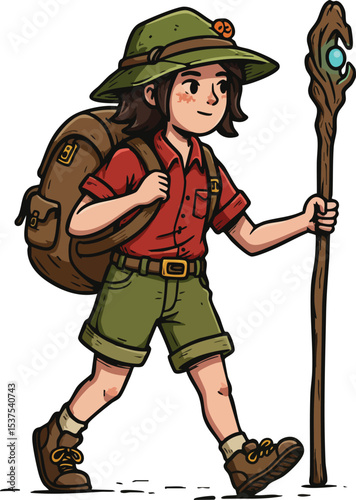 Young female explorer with walking stick and backpack hiking adventure in nature outdoors lifestyle vector illustration 