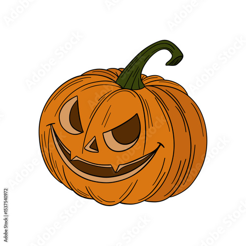 Orange pumpkin with happy ominous. Halloween and thanksgiving autumn occasions. October festival decoration. Element collection line art hand drawn