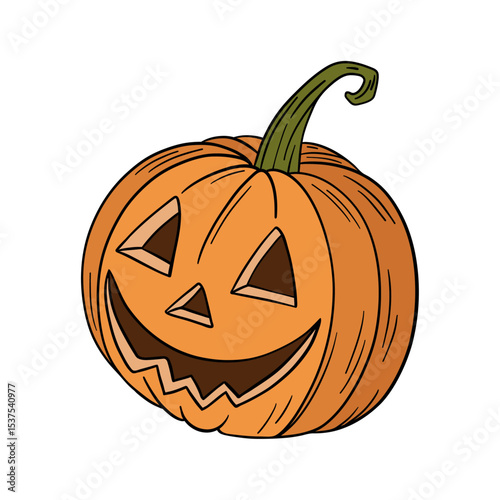 Orange pumpkin with happy face. Halloween and thanksgiving autumn occasions. October festival decoration. Element collection line art hand drawn