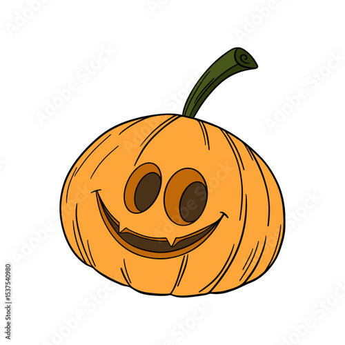 Orange pumpkin with happy face. Halloween and thanksgiving autumn occasions. October festival decoration. Element collection line art hand drawn