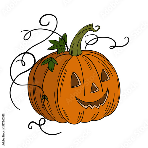 Orange pumpkin with happy face. Halloween and thanksgiving autumn occasions. October festival decoration. Element collection line art hand drawn