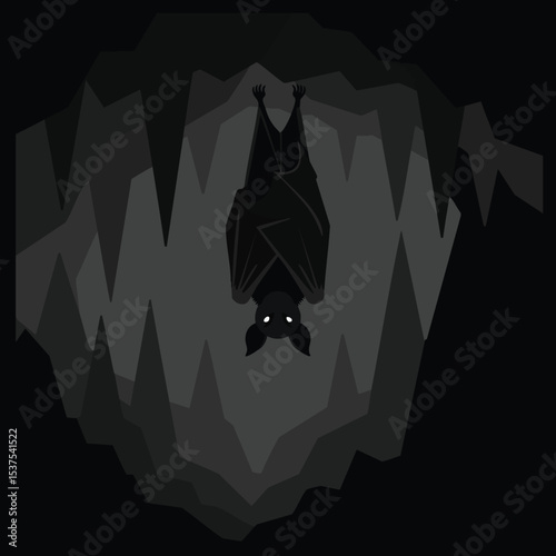 Bat hanging upside down in dark cave silhouette with glowing eyes vector illustration 