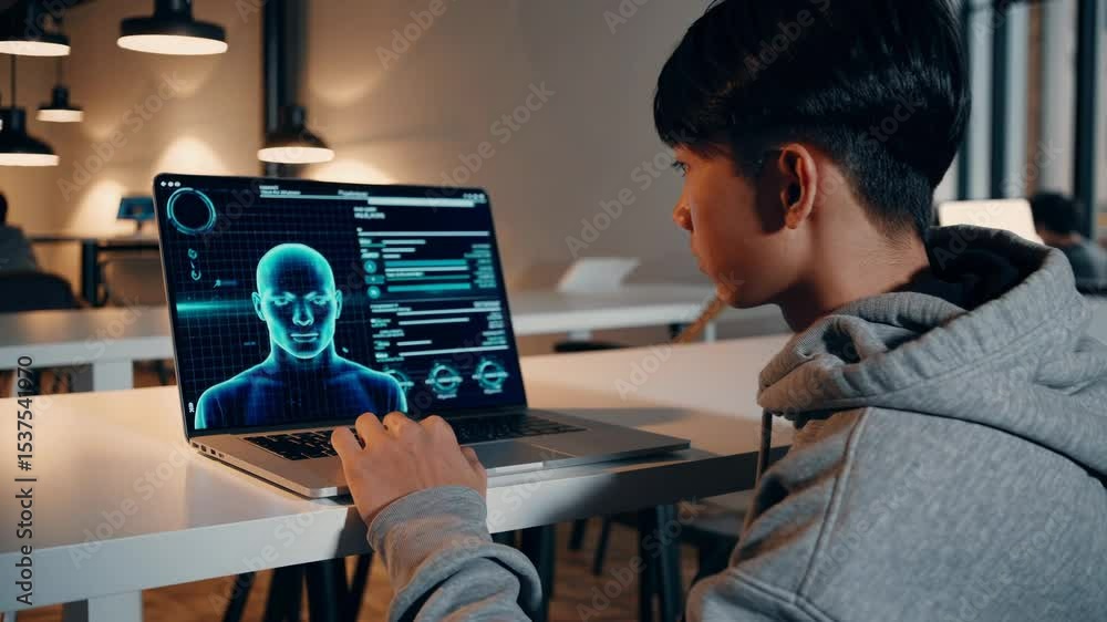 Young programmer analyzing 3d human head model on laptop