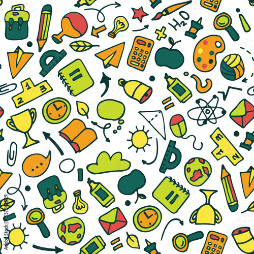 Back to school seamless pattern. Good for textile fabric design, wrapping paper and website wallpapers. School and stationery. Modern vibrant colors. Vector illustration.