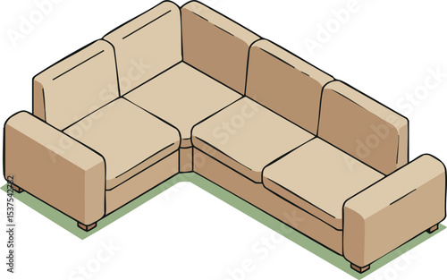 Beige sectional sofa with cushioned seats and armrests in modern isometric design vector illustration 