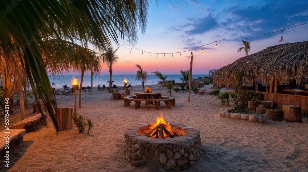 Naklejka premium Cozy fire pit area at beach resort with seating arrangement and tiki torches at dusk