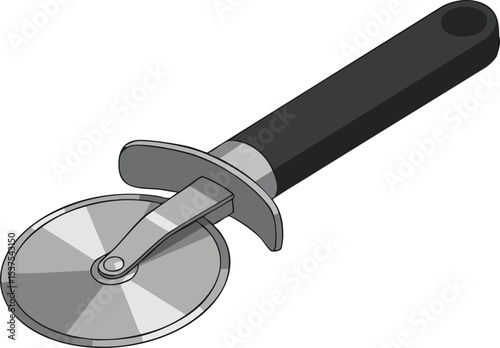 Pizza cutter kitchen tool with black handle and stainless steel blade vector illustration