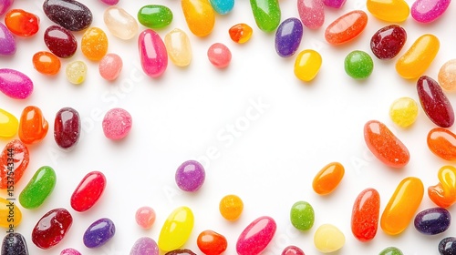 Vibrant jellybeans form a colorful border around a white background, showcasing a variety of shapes, sizes, and hues.  The candies are glossy and appear sweet and delicious