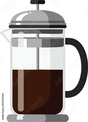 French press coffee maker with dark brewed coffee in transparent glass pot vector illustration