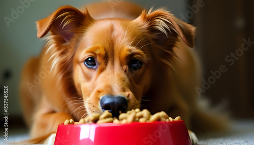 No appetite, but I won't give it to anyone: A large, fluffy, red dog lies at a dog food trough and looks at the camera with a sad look