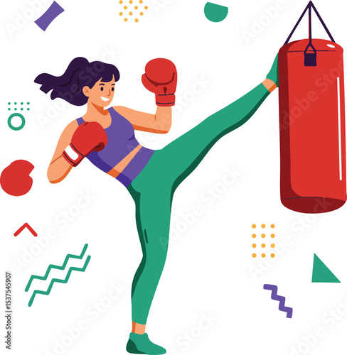 Woman practicing kickboxing with red gloves and punching bag in colorful vector illustration 