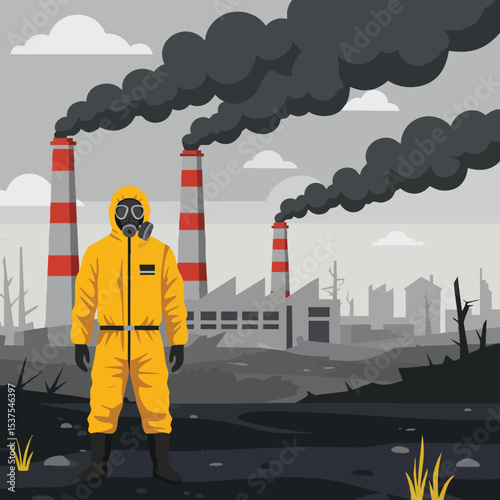 Person in hazmat suit standing near factory with smoking chimneys pollution environmental hazard vector illustration 
