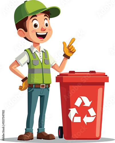 Cartoon sanitation worker with recycle bin vector illustration for waste management concept design