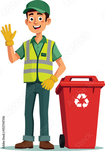 Cartoon sanitation worker with recycling bin vector illustration for waste management project