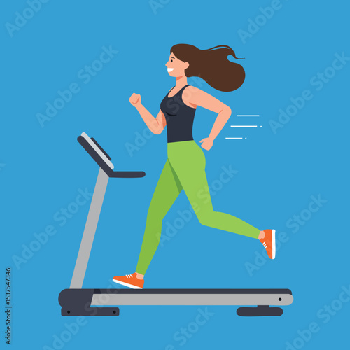 Woman running on treadmill exercising indoors with green pants and orange shoes in fitness workout session 