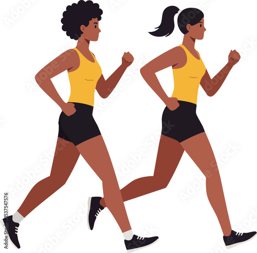 Two women jogging side view vector illustration running fitness activity in yellow tank tops and black shorts 
