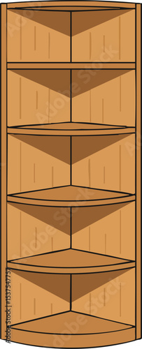 Wooden corner shelf unit with multiple triangular shelves for efficient space use and storage organization