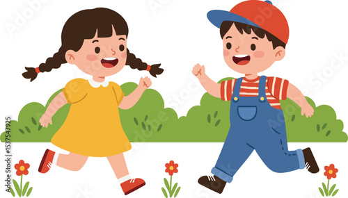 Children running happily outdoors with girl in yellow dress and boy in red cap playing in garden vector illustration 