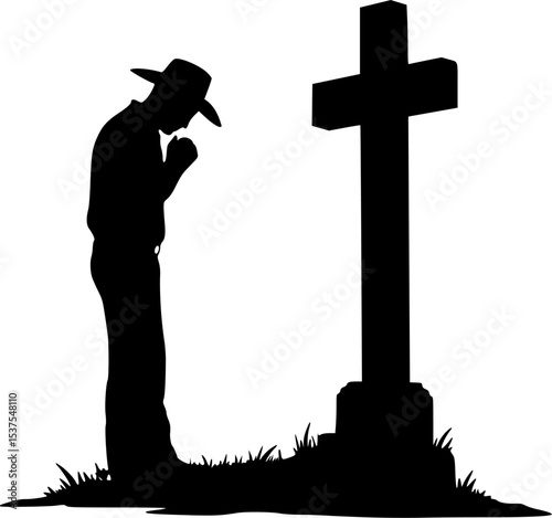 Cowboy Praying at Memorial Cross. vector silhouette
