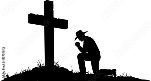 Cowboy Praying at Memorial Cross. vector silhouette
