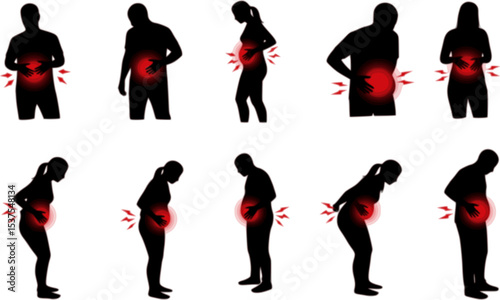 vector set of Bloating icons set. People experiencing digestive problems, discomfort, and symptoms related to stomach and gut health
