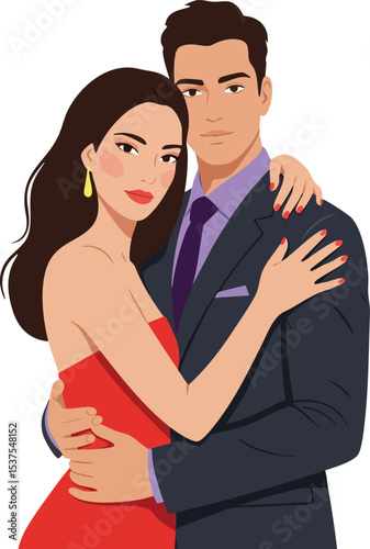 Romantic couple embracing in elegant attire with red dress and dark suit vector illustration for lifestyle and love themes 
