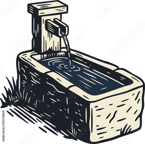 Rustic stone water fountain with flowing water and wooden spout natural outdoor vector illustration 