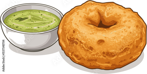 Vector Illustration of Indian Snack, Vada or Vadai with chutney
