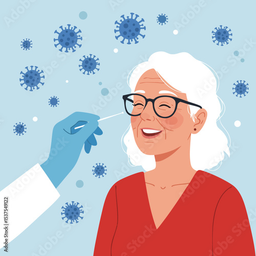 Senior woman receiving coronavirus nasal swab test with medical glove and smiling face vector illustration 