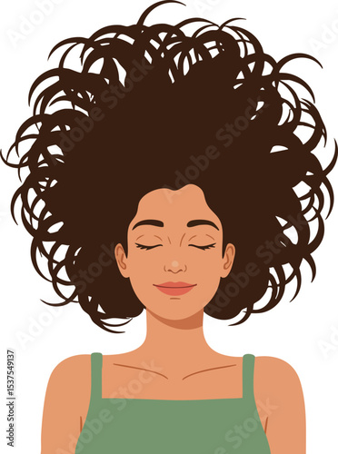 Woman with voluminous curly hair wearing green tank top relaxing with closed eyes peaceful and calm expression vector illustration 