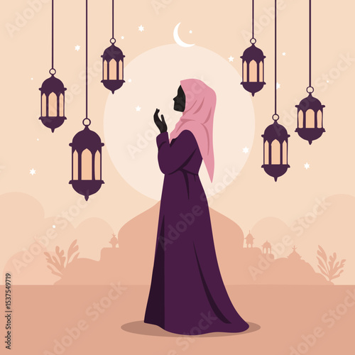 Muslim woman praying in traditional hijab with hanging lanterns and crescent moon in serene evening vector illustration 