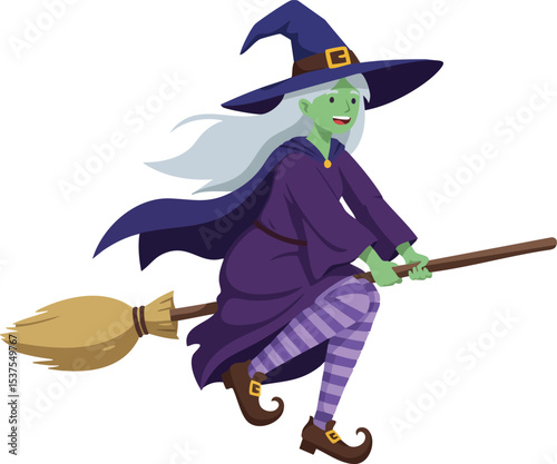 Witch flying on broomstick with purple outfit and striped stockings Halloween character vector illustration 