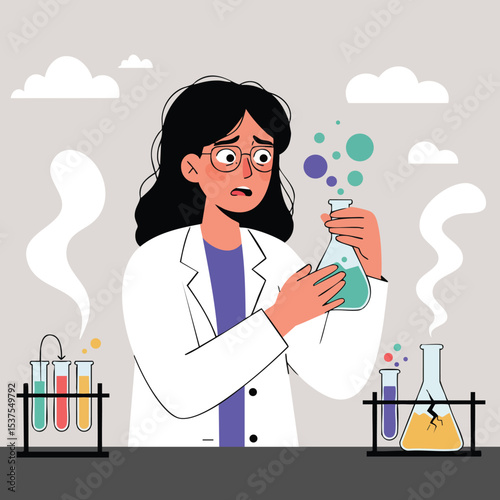 Female scientist working with colorful chemical liquids in laboratory wearing lab coat vector illustration 