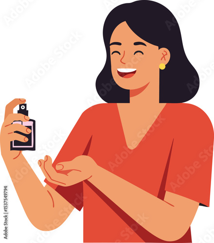 Woman applying perfume with spray bottle in casual red top smiling happily vector illustration 