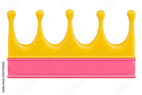 Vibrant yellow crown with rounded tips sits atop pink base, creating playful and regal design. smooth, glossy finish adds touch of elegance to this whimsical accessory