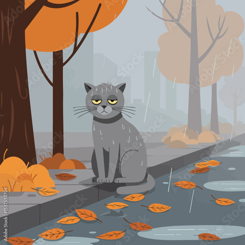Gray cat sitting on wet street curb with orange autumn leaves falling in rainy cityscape vector illustration 