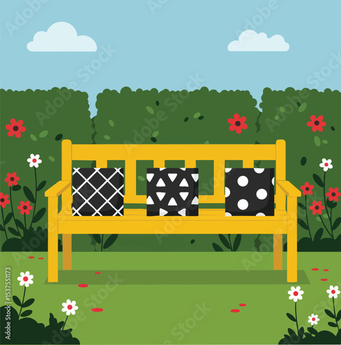 Yellow garden bench with black and white decorative cushions in green floral backyard setting vector illustration 