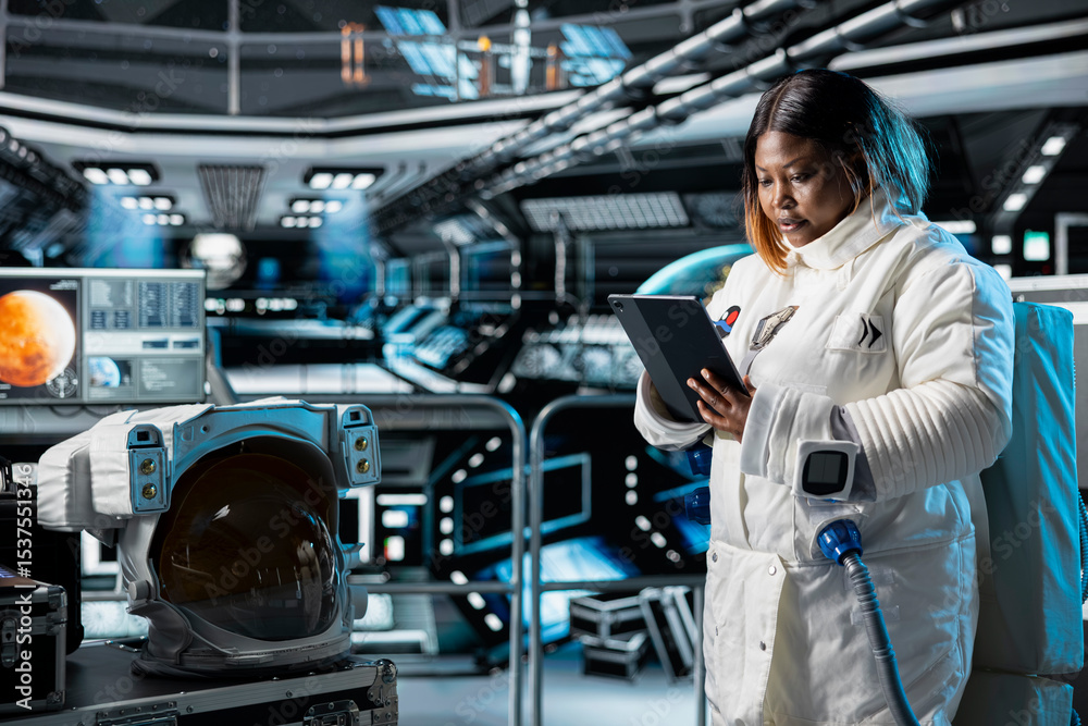 Obraz premium Astronaut studies mission plans before Mars expedition aimed at preparing for future of mankind. Crew prepares to explore planet surface in search of signs that could support human life beyond Earth