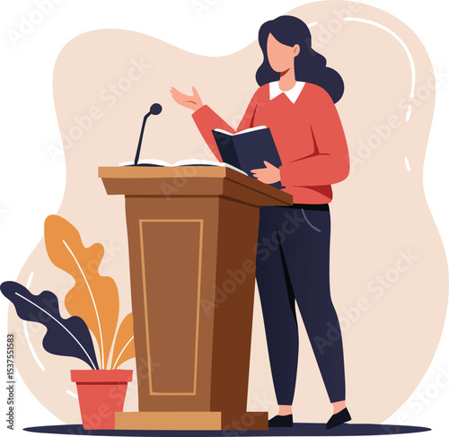 Woman speaking at podium with book in hand delivering speech or presentation indoors vector illustration 