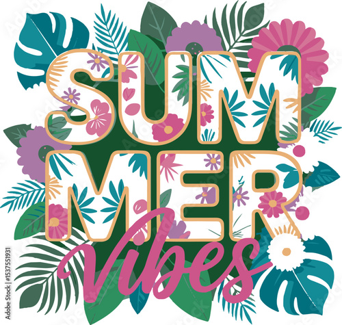Summer Vibes Floral Typography Design Green Background